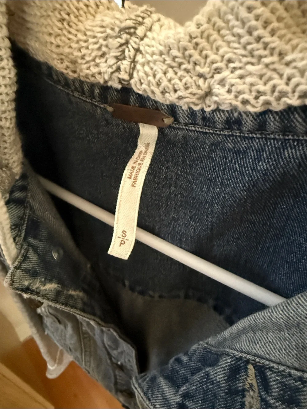 Free People Blue Denim Jacket with Gray Knit Hood & Sleeves - Picture 2 of 4